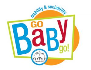 a brightly colored logo for go baby go seattle, with graphic circles and squares containing the words 'mobility and socialization', 'go baby go', and 'seattle'
