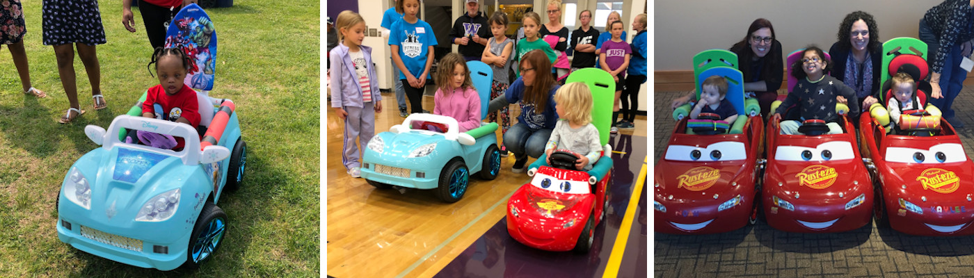 A banner of three images, the left shows a young child driving a blue ride-on toy car, the middle shows Heather Feldner talking with two children both in toy cars about to begin a race, and the right photo shows Heather Feldner and a collaborator, Shawn Rundell, kneeling down next to three smiling children in Lightning McQueen ride-on cars.