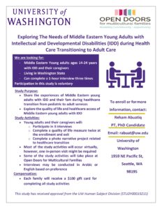 Exploring The Needs of Middle Eastern Young Adults with Intellectual and Developmental Disabilities (IDD) during Health Care Transitioning to Adult Care Study Flyer